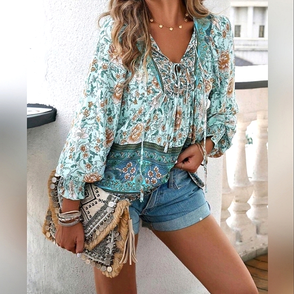 New Boho Flowy Floral Tie Top Blouse Shirt Light Green Teal Blue Tan White